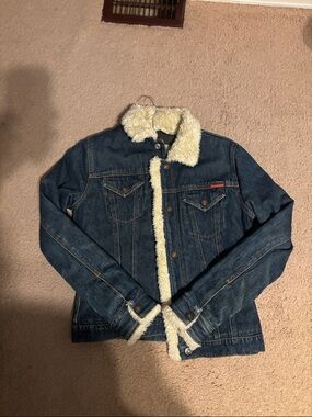 Roxy Dark Blue Denim Jean Jacket with Cream Faux Shearling Trim
